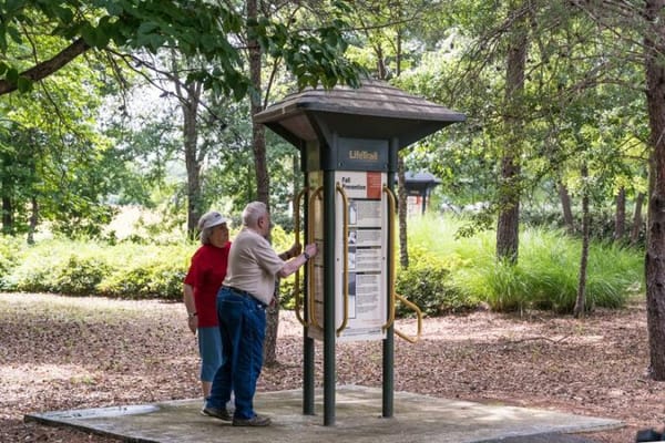 Seniors engaging with fitness trail equipment in a park