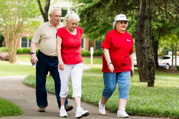 Residents walking together on a path in a green area
