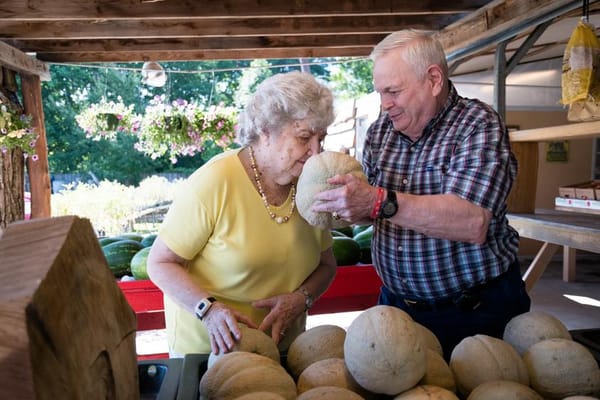Residents selecting fresh produce at an outdoor market