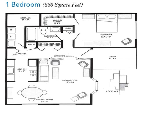 Architectural floor plan of a one-bedroom unit