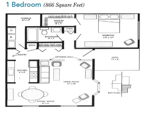 Architectural floor plan of a one-bedroom unit