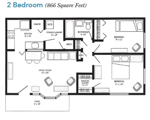 Architectural floor plan of a two-bedroom unit
