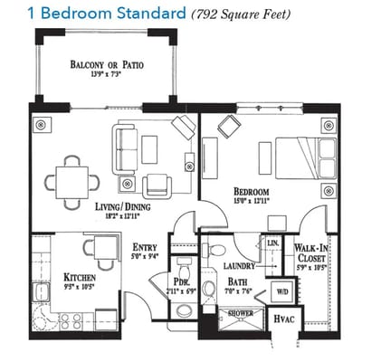 Architectural floor plan of a one-bedroom unit