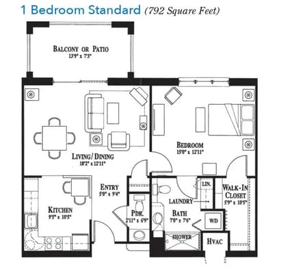 Architectural floor plan of a one-bedroom unit