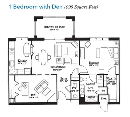 Architectural floor plan of a 1-bedroom unit