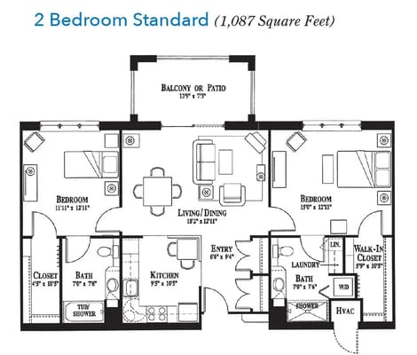 Architectural floor plan of a two-bedroom unit
