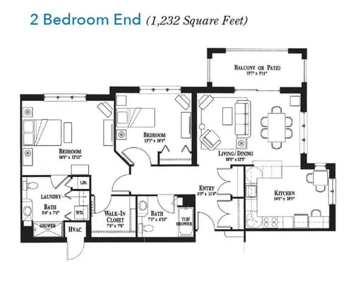 Architectural floor plan of a two-bedroom unit