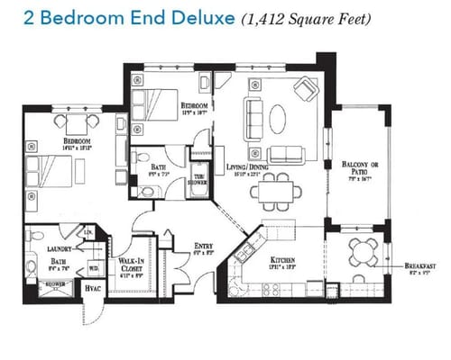 Architectural floor plan for a two-bedroom apartment
