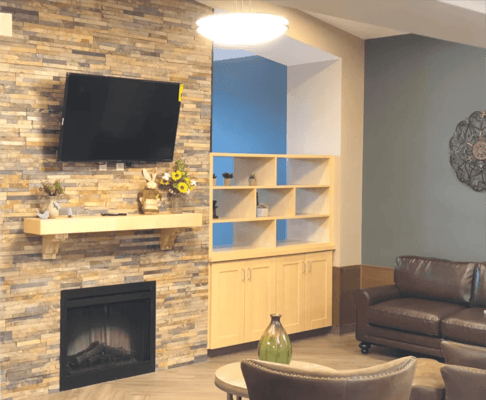 Cozy common area with fireplace and seating