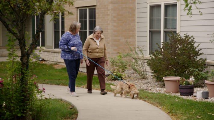 Two residents walking a dog on a pathway