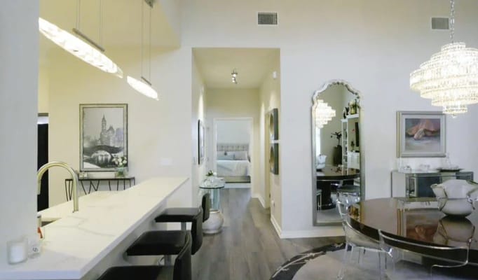 Modern, well-lit dining area in assisted living facility