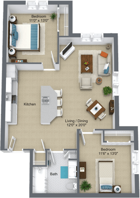 Architectural floor plan of a two-bedroom unit