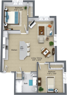Architectural floor plan of a two-bedroom unit