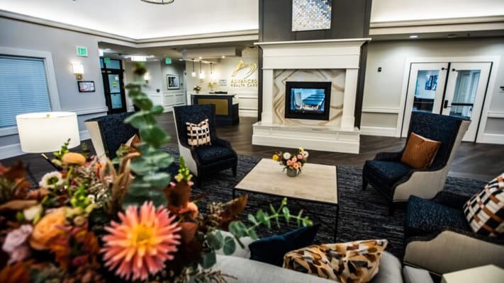 Inviting common area with comfortable seating and fire place