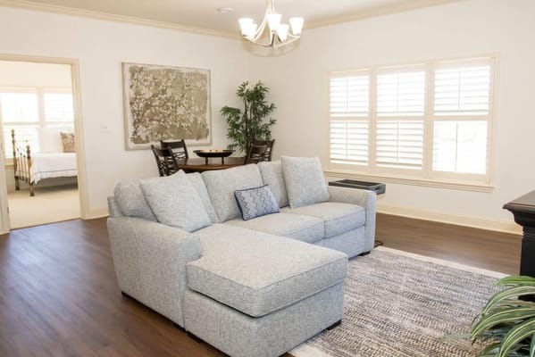 Cozy living area of a senior living facility room