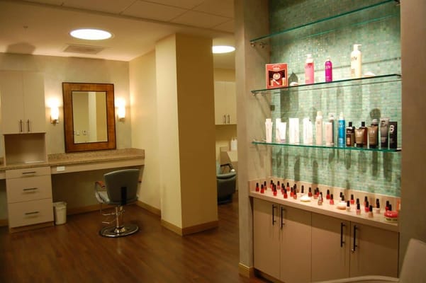 Interior of a salon area with hair and nail products