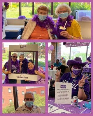 Residents and staff celebrating a themed event indoors