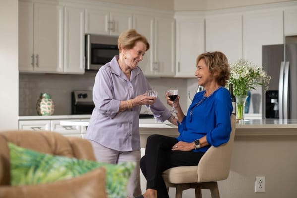 Two women toasting with drinks in a stylish kitchen