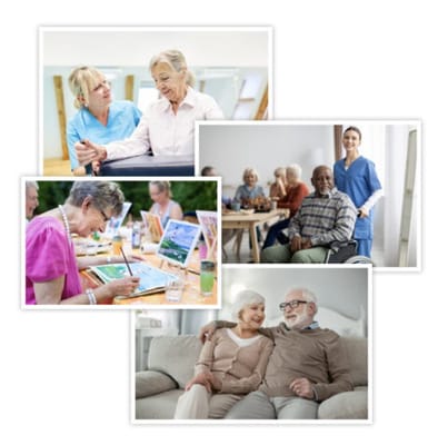 Residents and staff engaging in activities and conversations