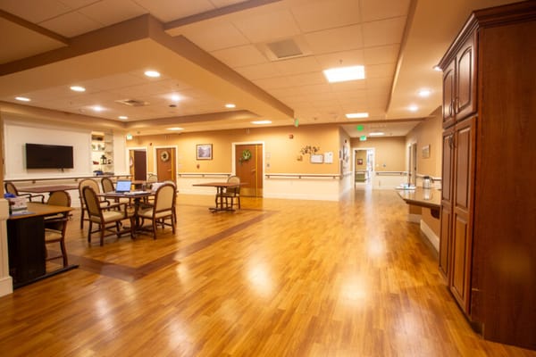 Bright interior common area with seating and decor