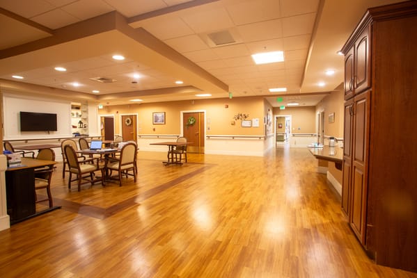 Bright interior common area with seating and decor