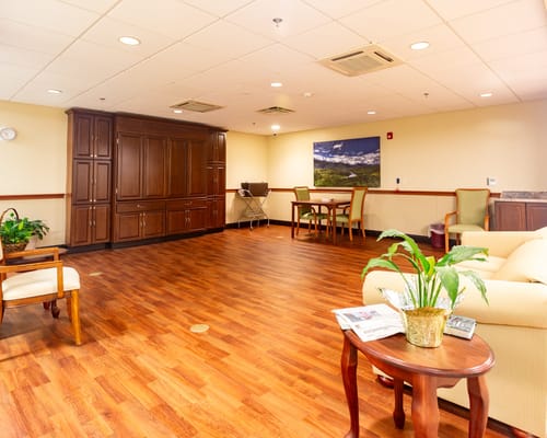 Bright common area with seating and decor