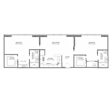 Architectural floor plan of a two-bedroom layout