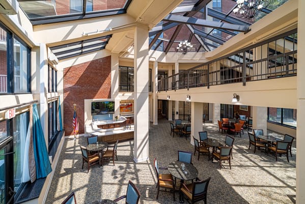 Bright common area in a senior living facility