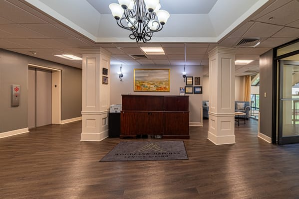 Interior view of a welcoming senior living reception area