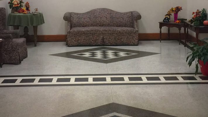 Cozy lounge area with a patterned couch