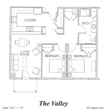 Architectural floor plan for a two-bedroom unit
