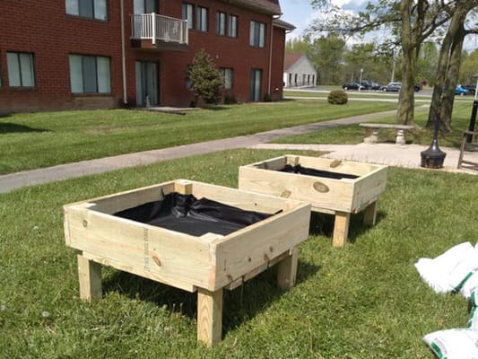 Garden boxes on grassy area outside a facility