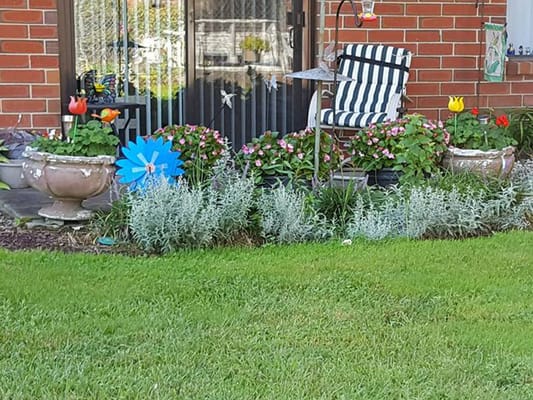 Colorful garden space with flowers and a chair