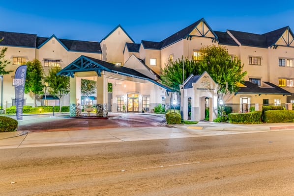 Exterior view of a senior living facility entrance