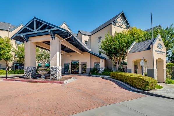 Exterior view of a senior living facility entrance