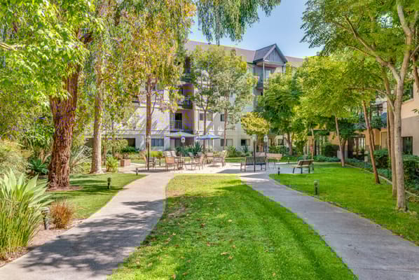 Pathway through a garden area with seating
