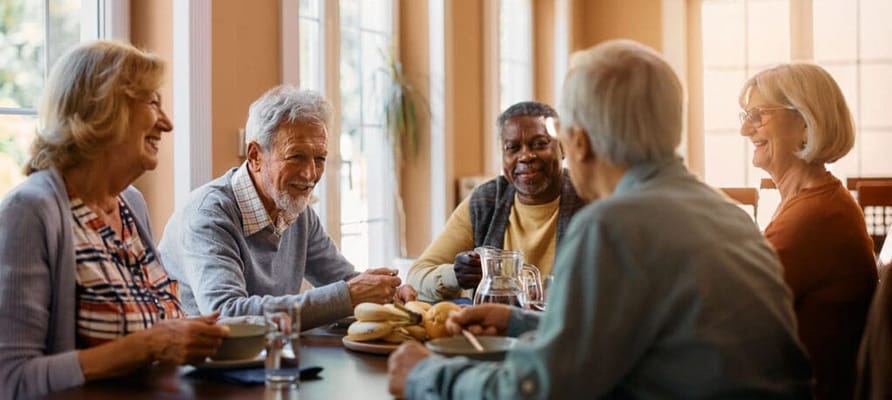 Group of seniors enjoying time together at a table