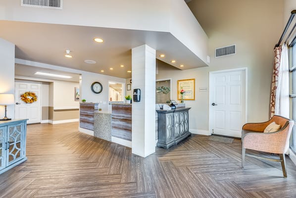 Bright and welcoming reception area of a senior living facility