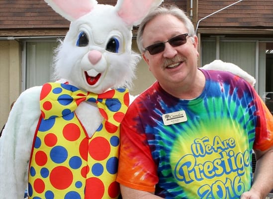Staff member dressed as a bunny at a community event