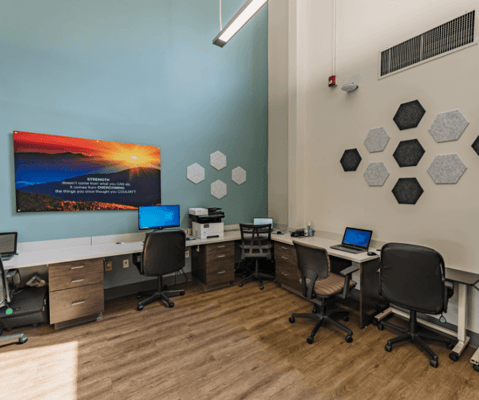 Modern interior of a computer lab with workstations