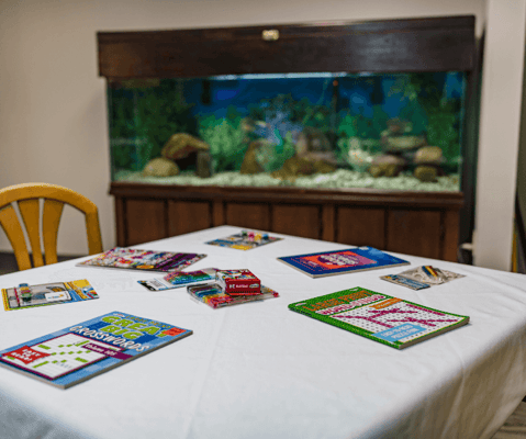 Activity table with games and an aquarium in view