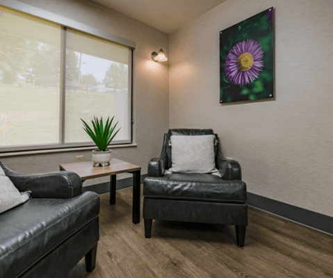 Comfortable seating area in a bright lounge