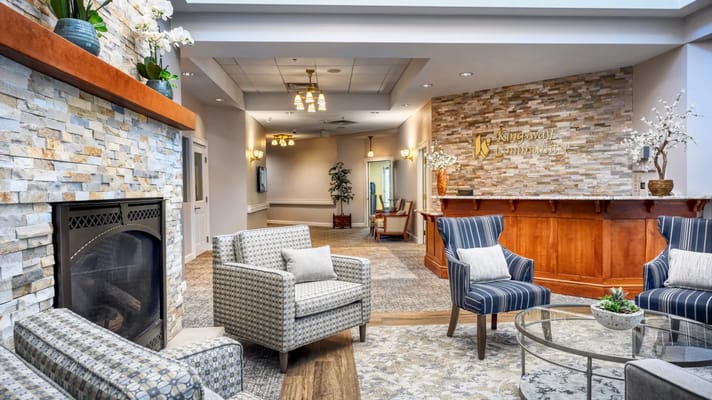 Bright interior common area with seating and decor