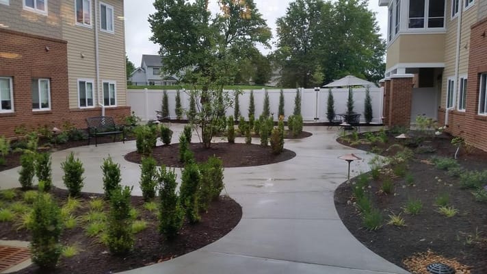 Outdoor courtyard with pathways and plants