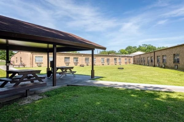 Outdoor space with picnic tables and grass area