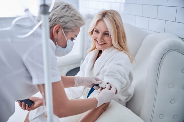 Medical staff assisting a resident in a treatment room