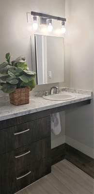 Modern bathroom with plant and mirror