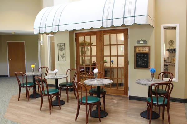 Interior view of a cozy ice cream shop area