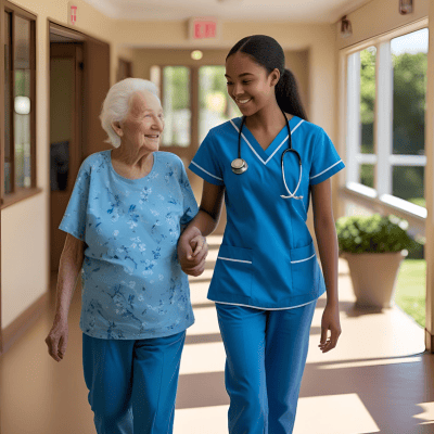Nurse assisting an elderly resident in a hallway