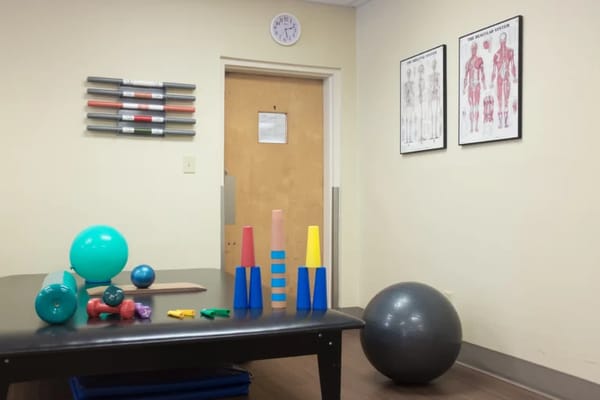 Physical therapy equipment in an exercise room